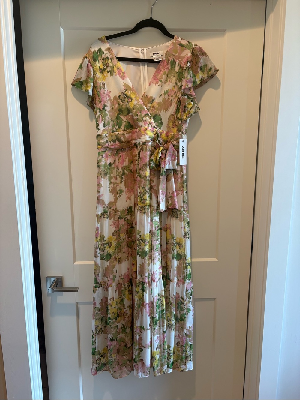 NWT DKNY Floral Wrap Maxi Dress in Pink, Green and Yellow